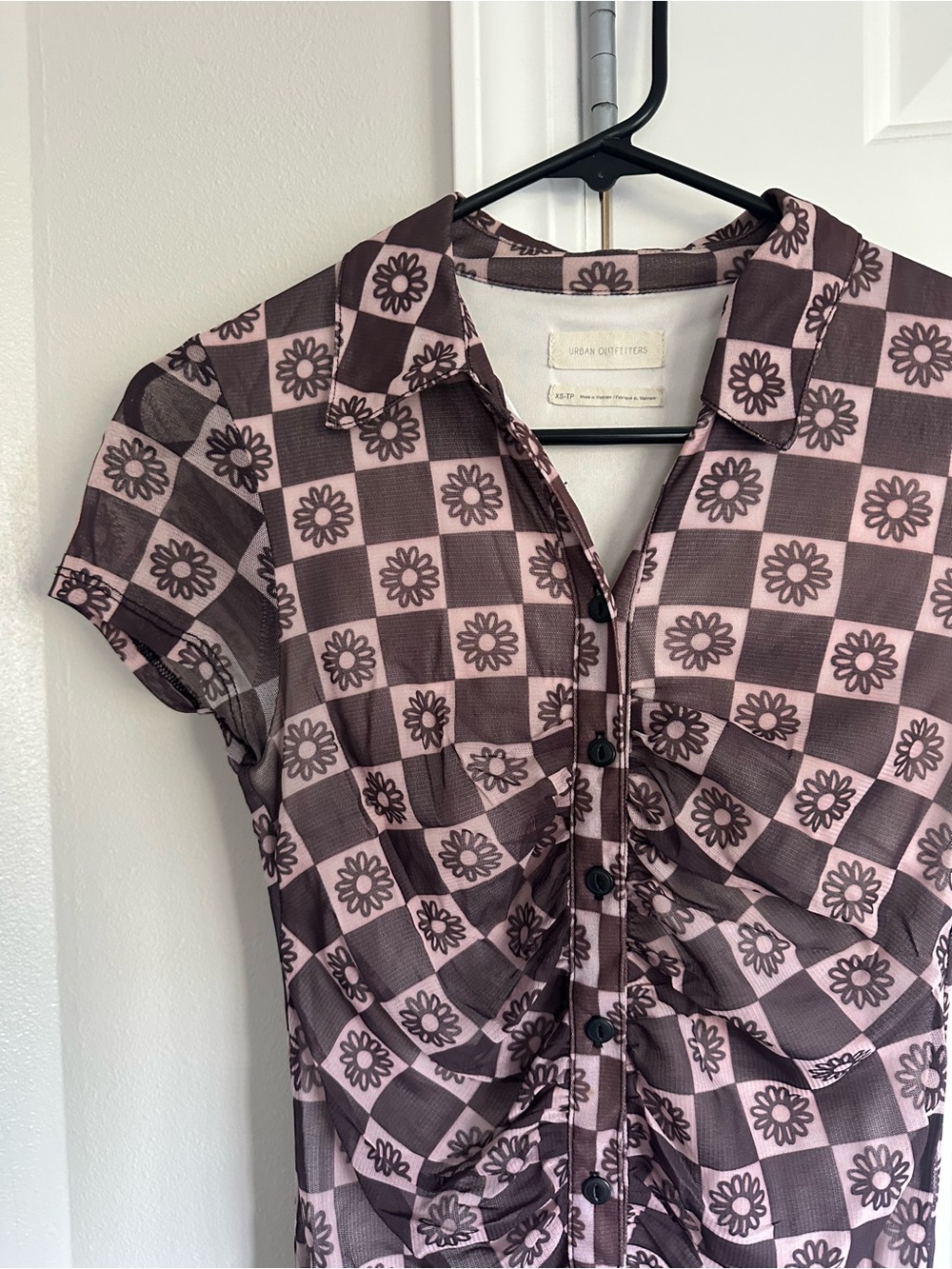 Urban Outfitters Pink and Brown Floral Check Button-Down Dress